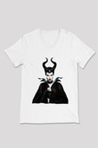 Unisex Malefiz (Maleficent) Baskılı Beyaz V Yaka Tshirt