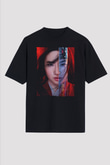 Unisex Mulan Baskılı Siyah Oversize T-shirt