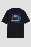 Unisex Sherlock Holmes Baskılı Siyah Oversize T-shirt