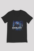 Unisex Sherlock Holmes Baskılı Siyah V Yaka T-shirt