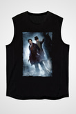 Unisex Sherlock Holmes Gölge Oyunları (Sherlock Holmes A Game of Shadows) Baskılı Siyah Kolsuz Tshirt