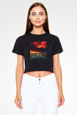 Unisex Stranger Things Baskılı Siyah Crop Top T-shirt