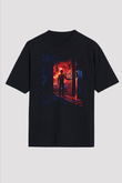 Unisex Stranger Things Baskılı Siyah Oversize Tshirt