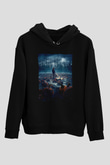 Unisex Stranger Things Baskılı Siyah Unisex Kapüşonlu Sweatshirt
