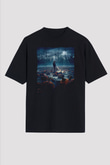 Unisex Stranger Things Baskılı Siyah Unisex Oversize T-shirt