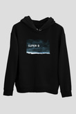 Unisex Super 8 Baskılı Siyah Kapüşonlu Sweatshirt