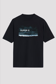 Unisex Super 8 Baskılı Siyah Oversize T-shirt