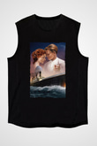 Unisex Titanic Baskılı Siyah Kolsuz T-shirt