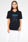 Unisex Tron Baskılı Siyah Unisex V Yaka T-shirt