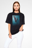 Unisex Vikings Baskılı Siyah Oversize T-shirt