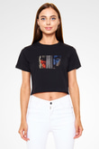 Unisex Warcraft Baskılı Siyah Crop Top Tişört