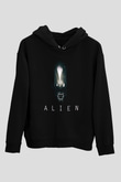Unisex Yaratık (Alien) Baskılı Siyah Kapüşonlu Sweatshirt