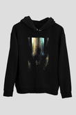 Unisex Yaratık (Alien) Baskılı Siyah Kapüşonlu Sweatshirt