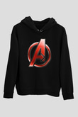 Unisex Yenilmezler (Avengers) Baskılı Siyah Kapüşonlu Sweatshirt