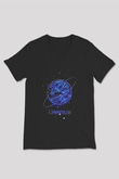 Uranüs Çizim Baskılı Unisex V Yaka Siyah Tİşört - Tshirt