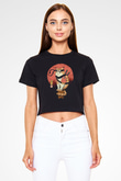 Uzakdoğu Samuray Kedi Baskılı  Siyah  Crop Top Tişört