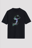 Voleybol - Volleyball Baskılı Unisex Siyah Oversize Tişört