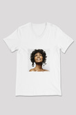 Whitney Houston Baskılı Beyaz V Yaka Unisex Tişört