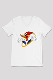 Woody Woodpecker Beyaz Unisex V Yaka Tişört