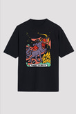 Yay Burcu Baskılı Unisex Siyah Oversize Tişört - Tshirt