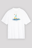 Yelken Baskılı Unisex Beyaz Oversize Tişört - Tshirt