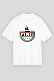 Yelken Baskılı Unisex Beyaz Oversize Tişört - Tshirt
