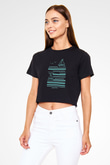 Yelken - Sail Baskılı Crop Top Siyah Kadın Tişört - Tshirt