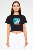 Yelken - Sail Baskılı Crop Top Siyah Kadın Tişört - Tshirt
