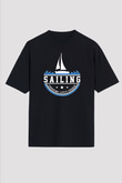 Yelken - Sail Baskılı Unisex Siyah Oversize Tişört