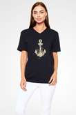 Yelken - Sail Baskılı Unisex Siyah V Yaka Tişört