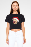 Yeni Yıl Kedi Baskılı  Siyah  Crop Top Tişört