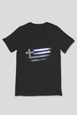Yunanistan - Greece Bayrağı Baskılı Unisex Siyah V Yaka Tişört