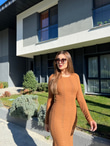 Bisiklet Yaka Yırtmaçlı Kiremit Triko Elbise