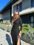 Bisiklet Yaka Yırtmaçlı Siyah Triko Elbise