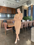 Camel Gold Düğme Detay Tasarım Triko Elbise