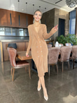 Camel Gold Düğme Detay Tasarım Triko Elbise