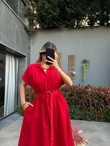 Doroti Poplin Kumaş Kuşaklı Gömlek Elbise Kırmızı07062106