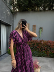 Düşük Kol Pembe Zebra Desen Viskon Elbise070621152