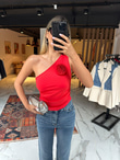 Gül Broşlu Tek Kol Kırmızı Bluz 07062121