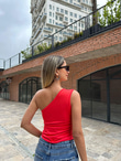 Gül Broşlu Tek Kol Kırmızı Bluz 07062121
