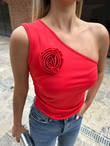Gül Broşlu Tek Kol Kırmızı Bluz 07062121