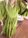 İthal Model Boncuk Detay Ham Keten Elbise Yeşil 1005225