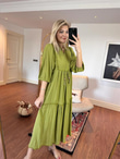İthal Model Boncuk Detay Ham Keten Elbise Yeşil 1005225