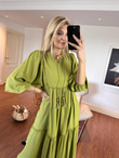 İthal Model Boncuk Detay Ham Keten Elbise Yeşil 1005225