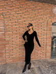 Kalp Yaka Yırtmaçlı Triko Elbise Siyah 0706211109