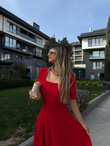 Kare Yaka Kloş Madam Crep Elbise Kırmızıyelb3008ny