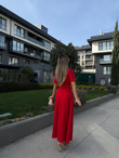 Kare Yaka Kloş Madam Crep Elbise Kırmızıyelb3008ny