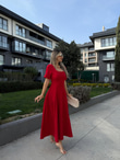 Kare Yaka Kloş Madam Crep Elbise Kırmızıyelb3008ny
