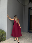 Kare Yaka Pileli Double Elbise Bordo kelb2222swmn