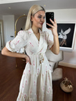 Katya Flok Çiçekli Kruvaze Keten Elbise Pembe  0305166